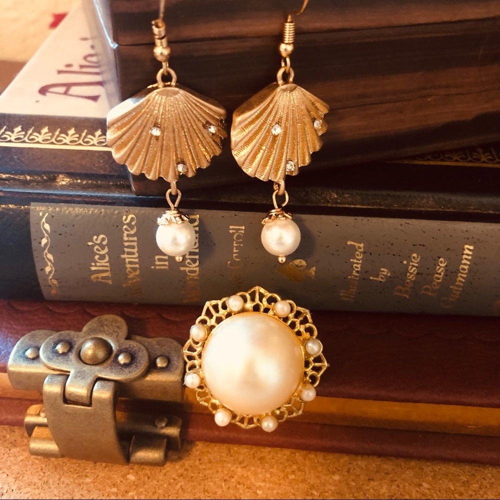 Vintage gold, pearl earring brooch set